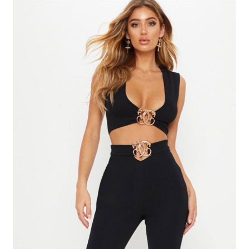 DESIGNER CO-ORD 2 PIECE SET BLACK BANDAGE CROP TOP PANT GOLD CRYSTAL METAL